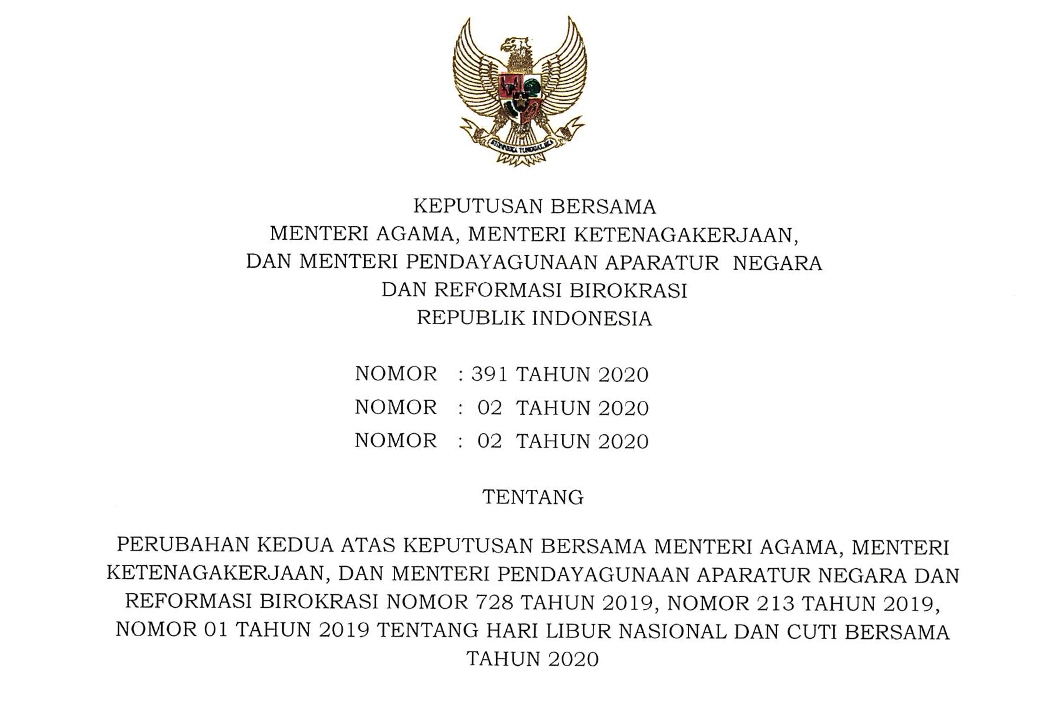 Keputusan Bersama Mentri Agama, Mentri Ketenagakerjaan, Dan Menteri Pemberdayagunaan Aparatur Negara Dan Reformasi Birokrasi Republik Indonesia