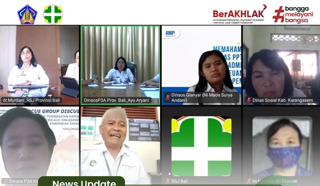 Rapat melalui zoom meeting antara RS Jiwa dengan Kepala Dinas Kesehatan Provinsi Bali , Kepala Dinas Sosial , Pemberdayaan Perempuan dan Perlindungan Anak serta semua Kepala Dinas Sosial