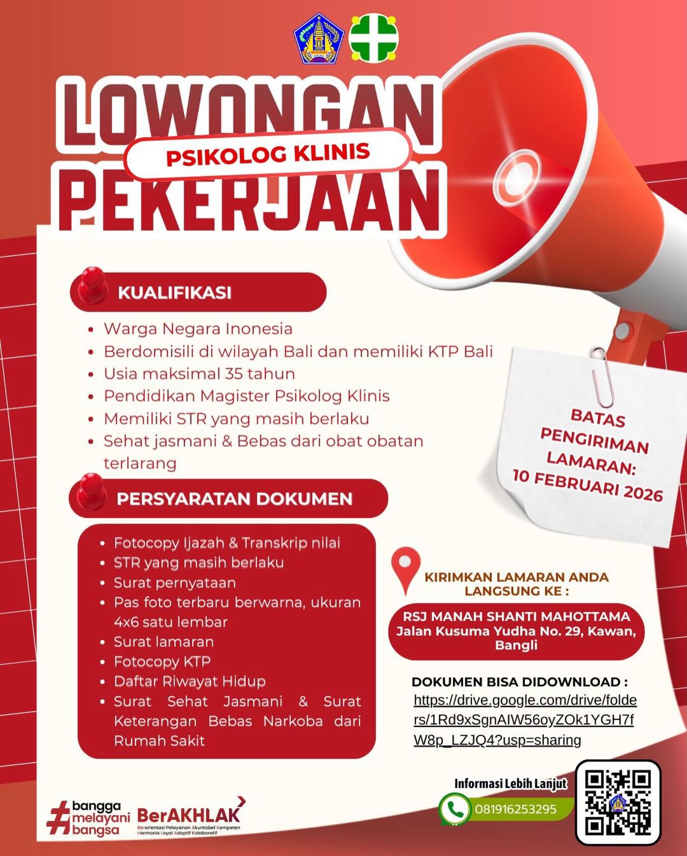 LOWONGAN PEKERJAAN – PSIKOLOG KLINIS
