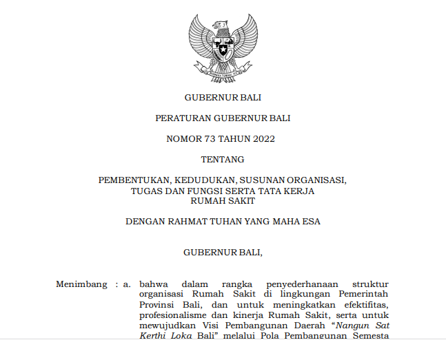 PERATURAN GUBERNUR NOMOR 73 TAHUN 2022 TENTANG PEMBENTUKAN, KEDUDUKAN, SUSUNAN ORGANISASI, TUGAS DAN FUNGSI SERTA TATA KERJA