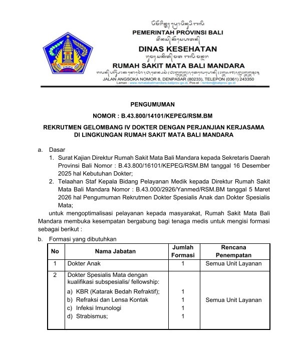 Rekrutmen Gelombang IV Dokter Dengan Perjanjian Kerjasama di Lingkungan Rumah Sakit Mata Bali Mandara