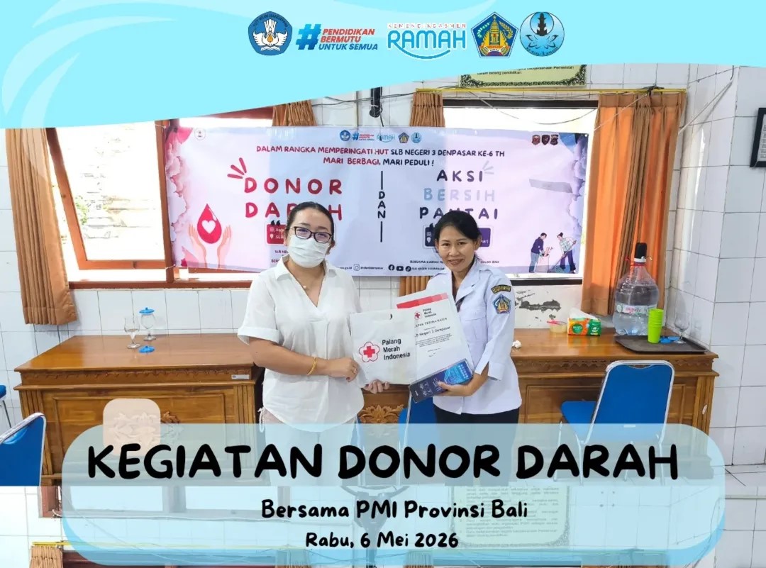Pelaksanaan kegiatan donor darah di SLB Negeri 3 Denpasar dalam rangka memperingati Hari Ulang Tahun (HUT) ke-6 merupakan wujud nyata kepedulian sosial dan semangat berbagi kepada sesama.